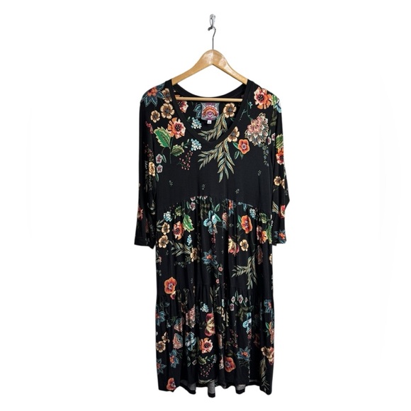 Johnny Was Bamboo Dress Small Ardell 3/4 Sleeve Tiered Black Floral Large - Picture 4 of 8